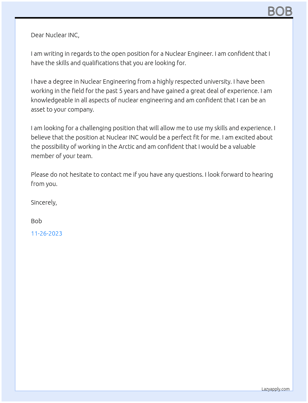 Nuclear Engineer At Nuclear INC Cover Letter
