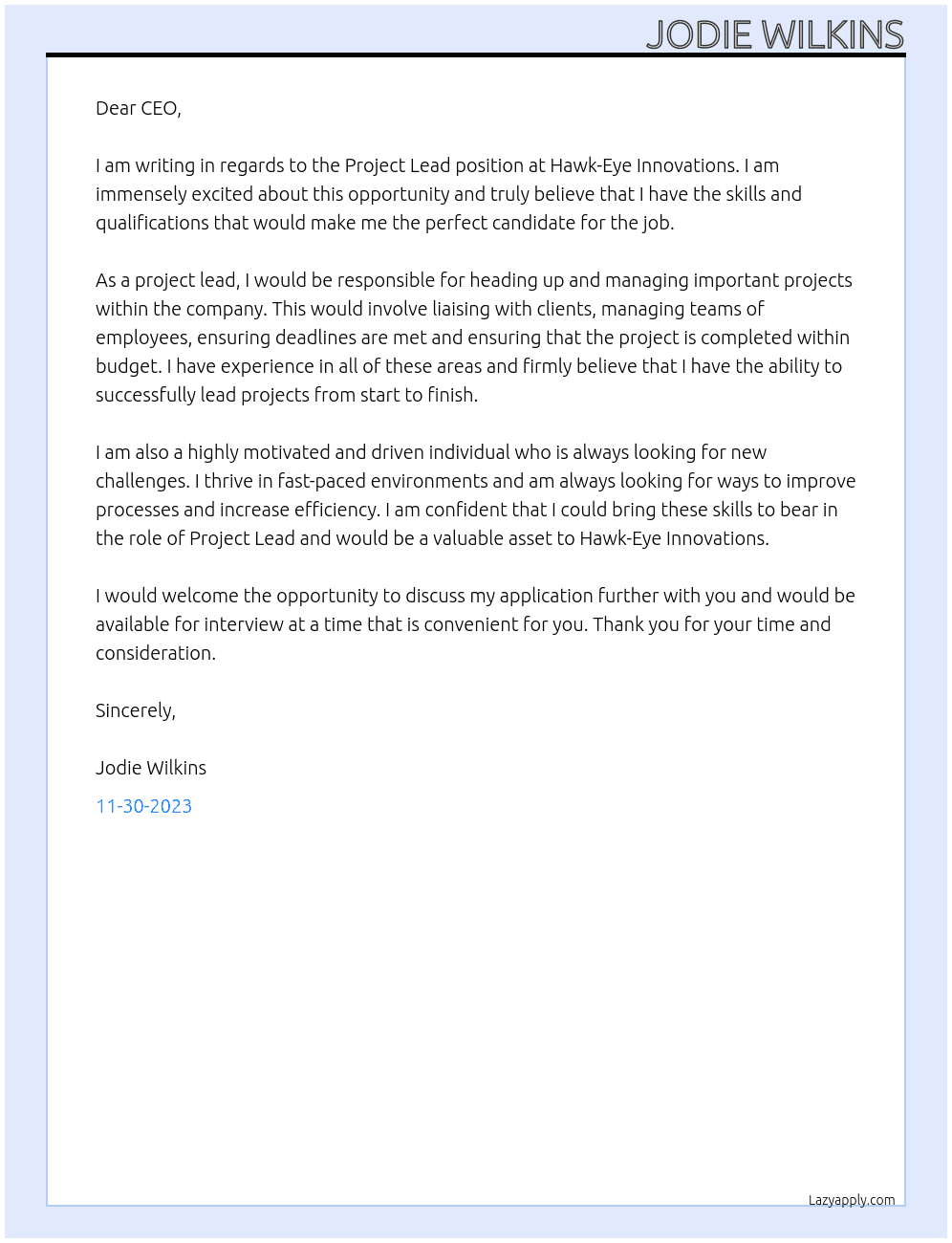 Project Lead At Hawk-Eye innovations  Cover Letter