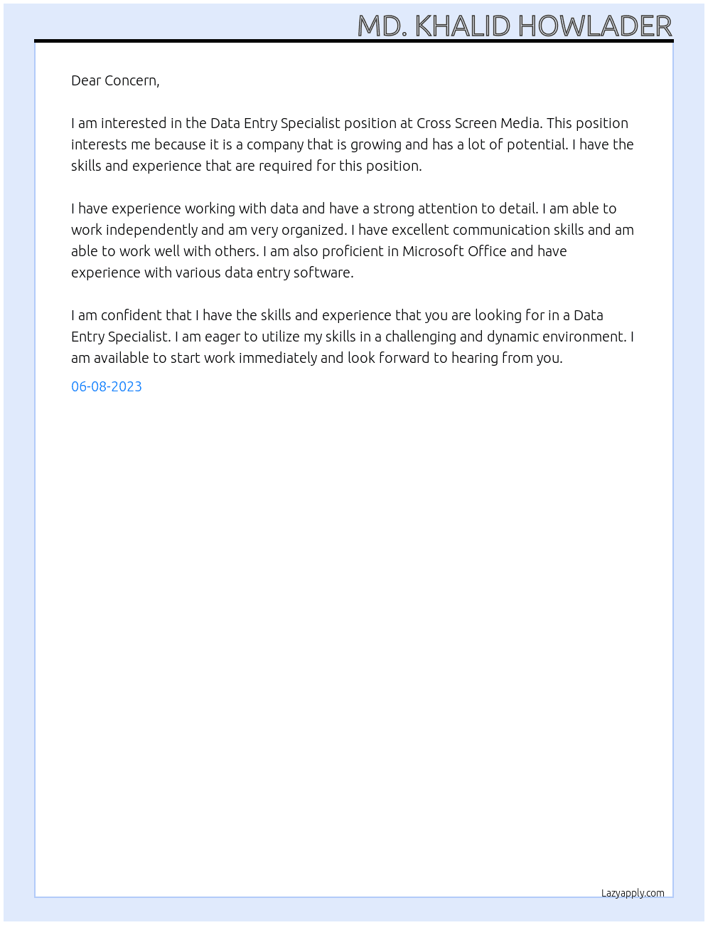 Data Entry Specialist At Cross Screen Media Cover Letter