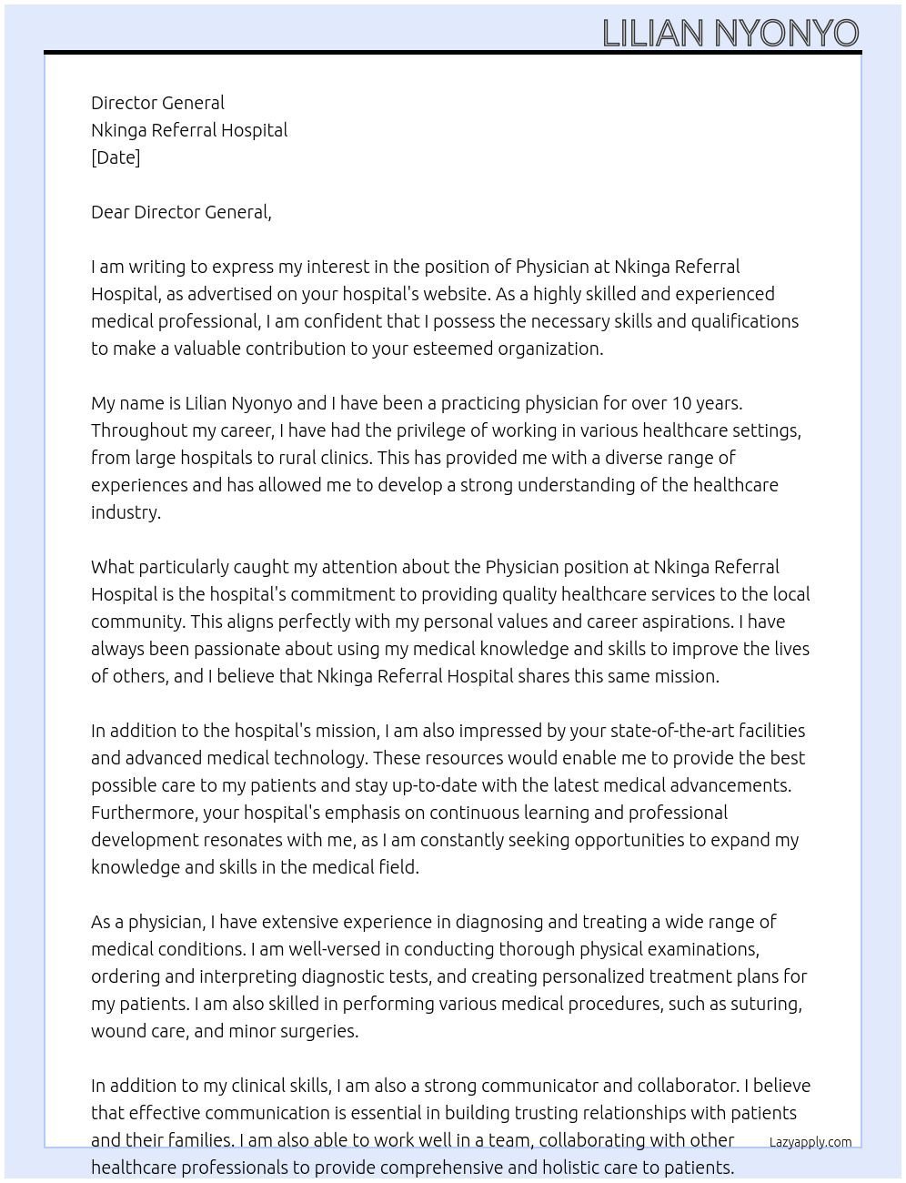 PHYSICIAN At Nkinga Referral Hospital Cover Letter