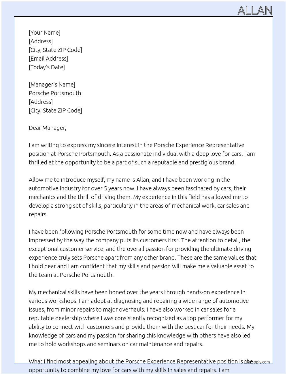 Porsche experience representive At Porsche portsmouth Cover Letter