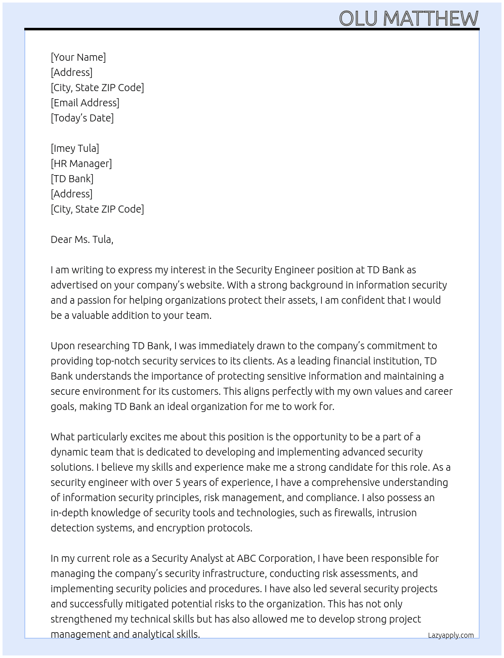 Security Engineer At TD Bank Cover Letter