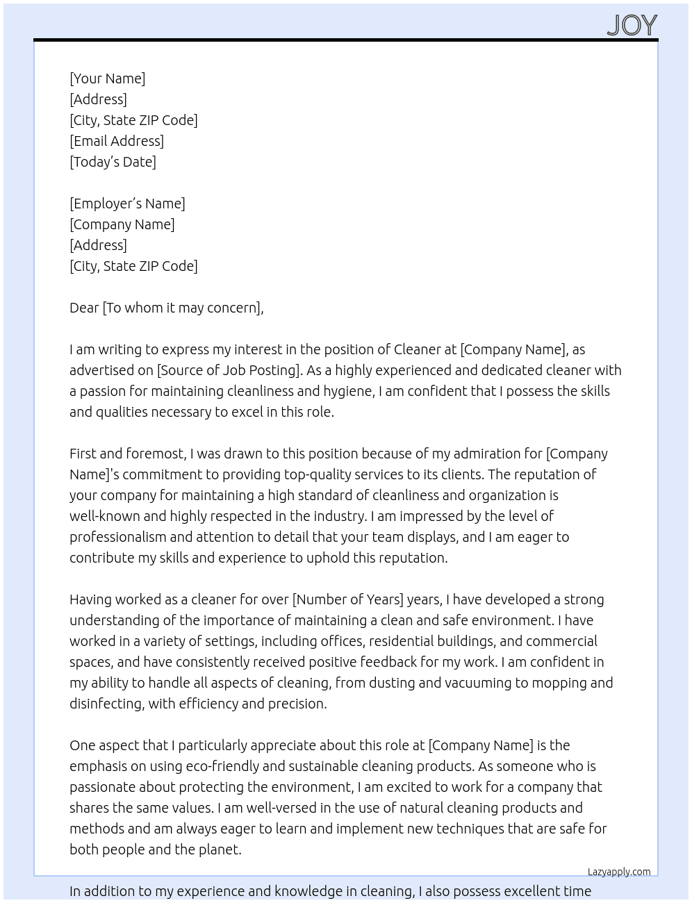 Cleaner At Mr John Cover Letter
