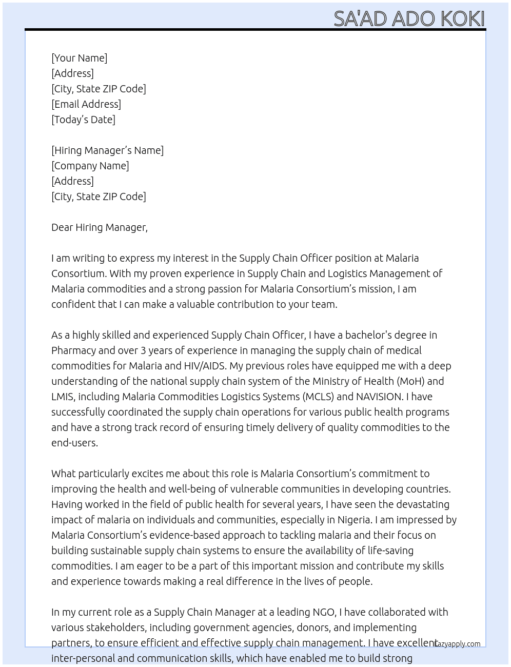 Supply Chain Officer At Malaria Consortium Cover Letter