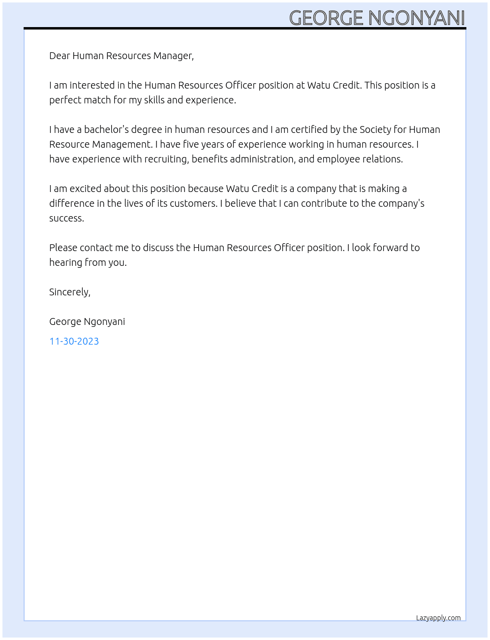 Human Resources Officer At Watu Credit Cover Letter