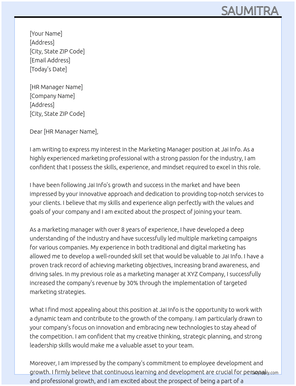 Marketing manager  At Jai info Cover Letter
