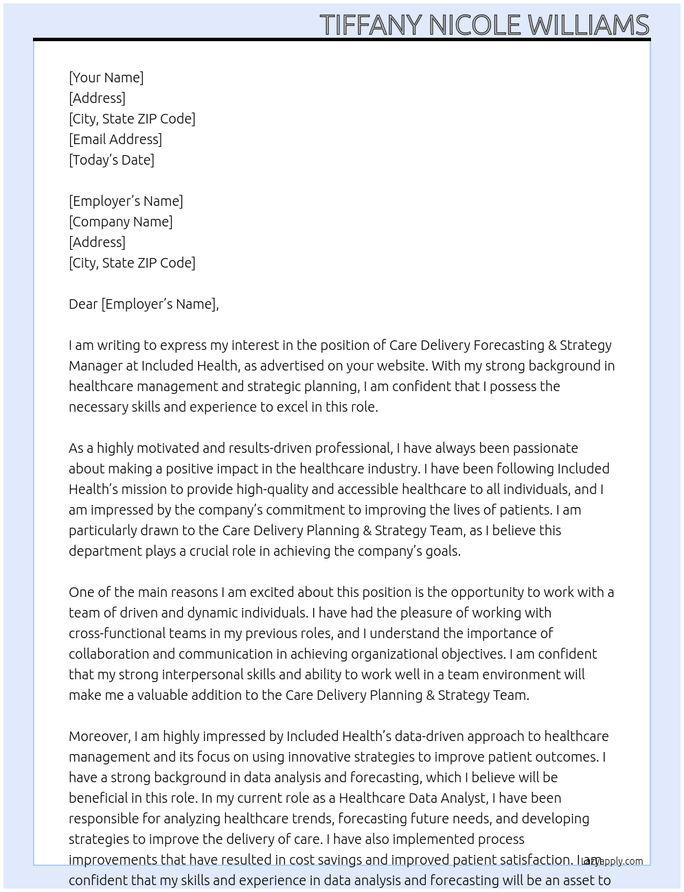 Care Delivery Forecasting & Strategy Manager At Included Health Cover Letter