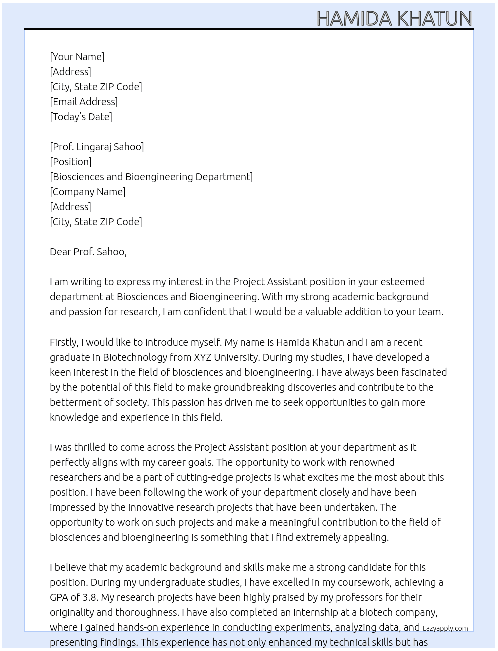 Project Assistant At Biosciences and Bioengineering department  Cover Letter