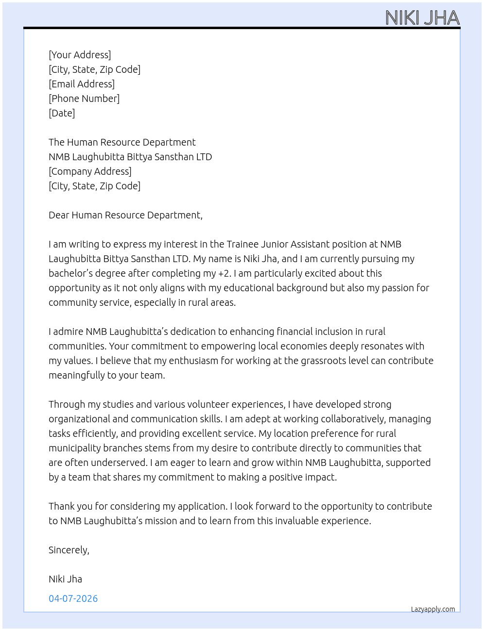Cover letter for trainee  junior assistant - LazyApply
