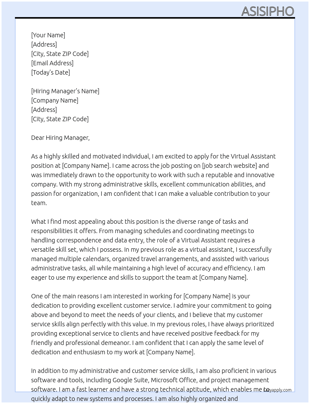 Virtual assistant  At Virtual assistant  Cover Letter