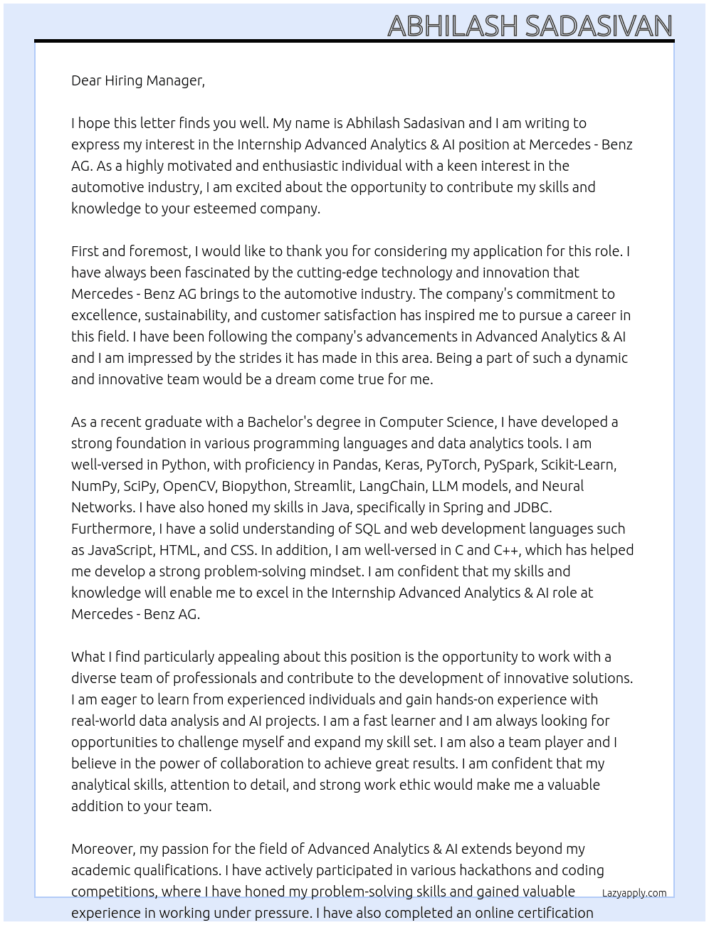 Internship Advanced Analytics & AI At Mercedes - Benz AG Cover Letter