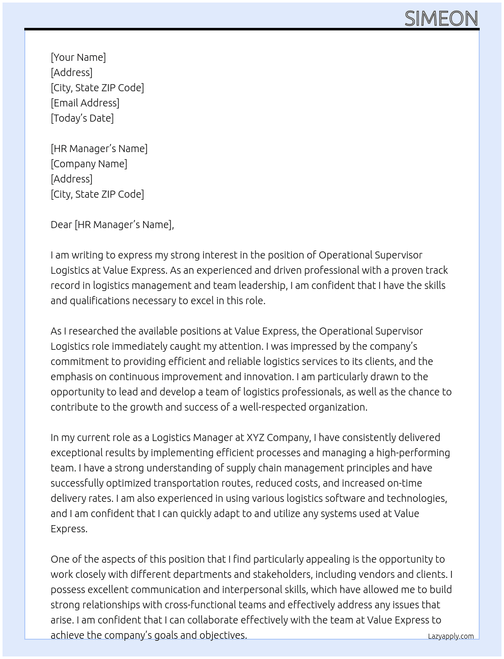 Operational Supervisor Logistics At Value Express Cover Letter