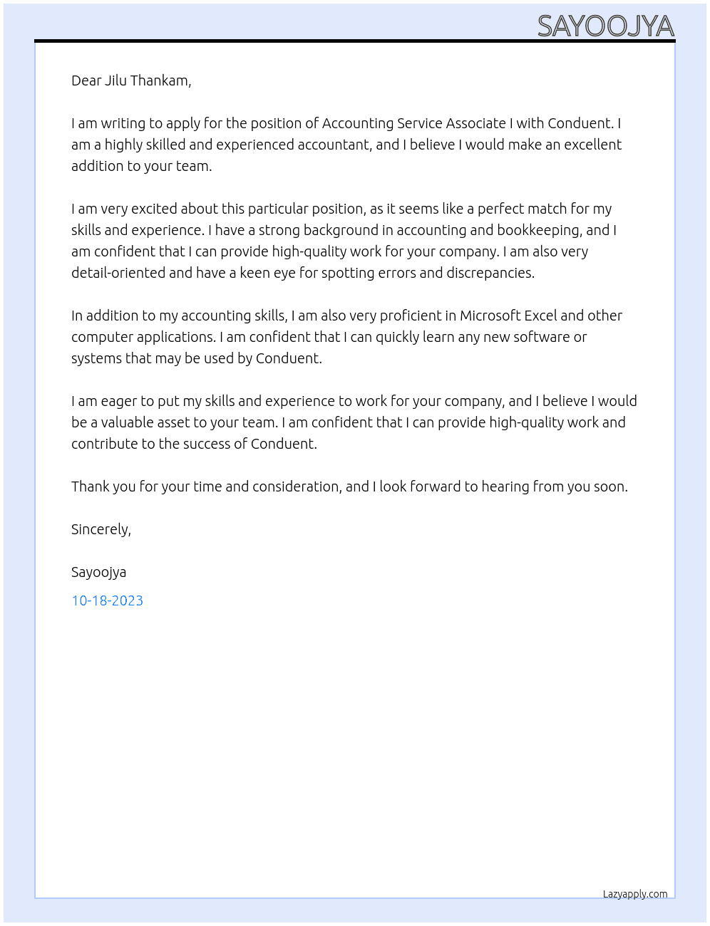 Accounting Service Associate I At Conduent Cover Letter