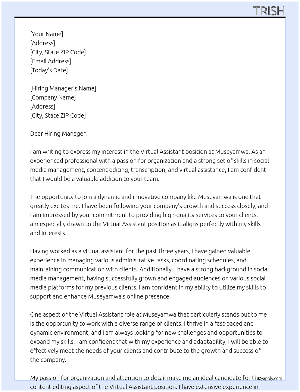 Virtual Assistant At Museyamwa Cover Letter
