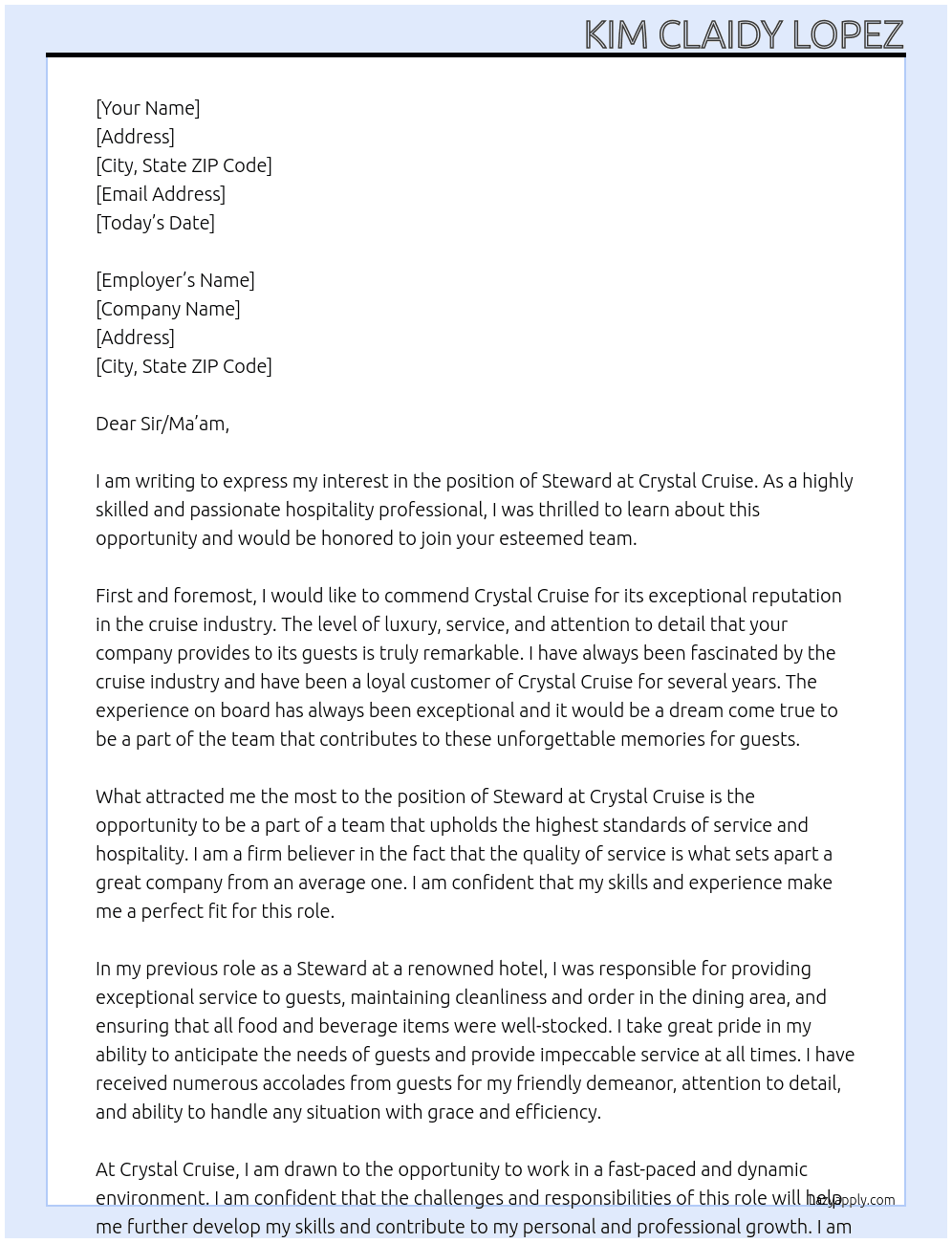 steward At Crystal Cruise Cover Letter