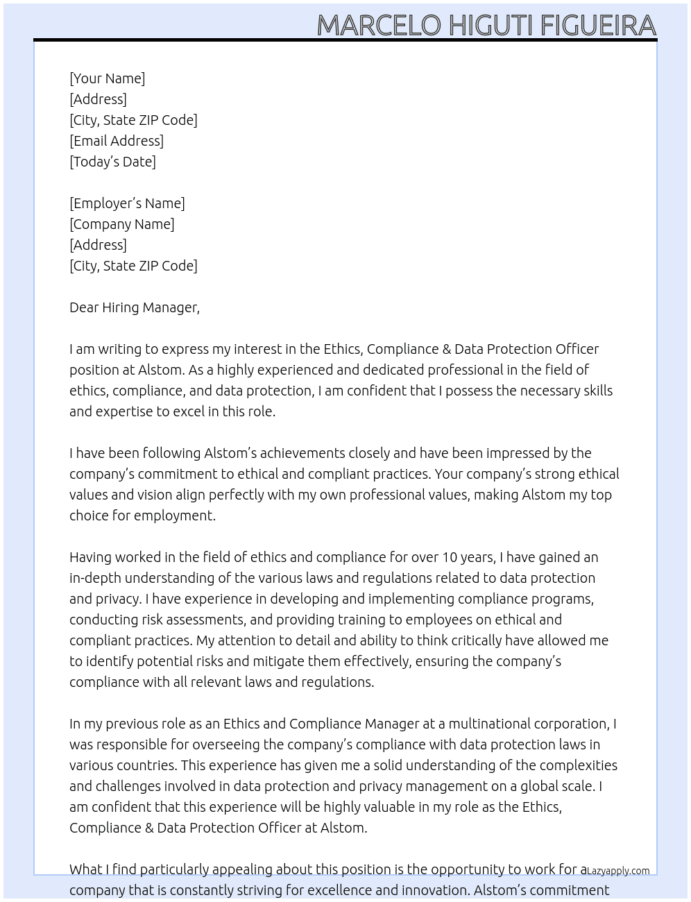 Ethics, Compliance & Data Protection Officer At Alstom Cover Letter