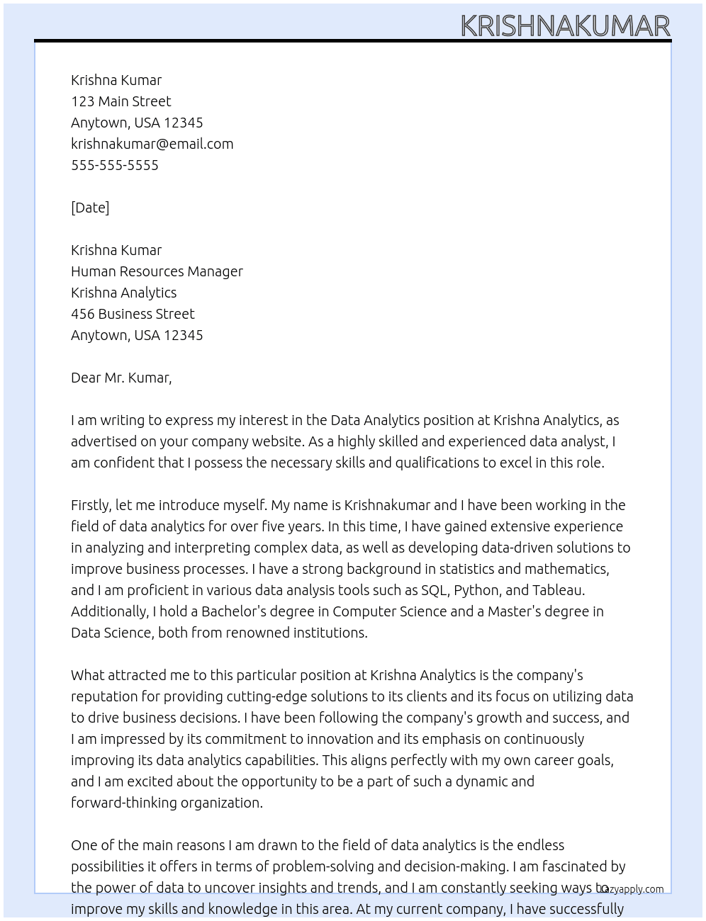 Data Analytics  At Krishna Kumar  Cover Letter