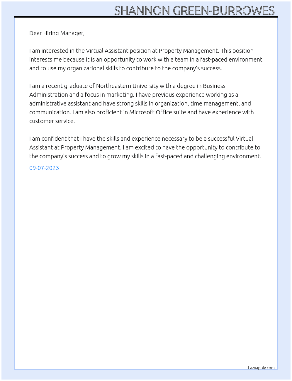 Virtual Assistant  At Property Management  Cover Letter