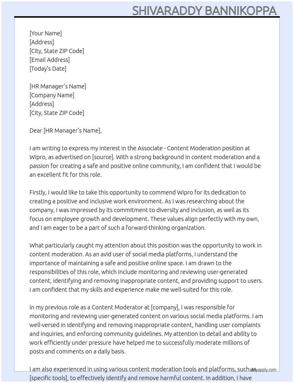 Cover letter for associate - content moderation - LazyApply