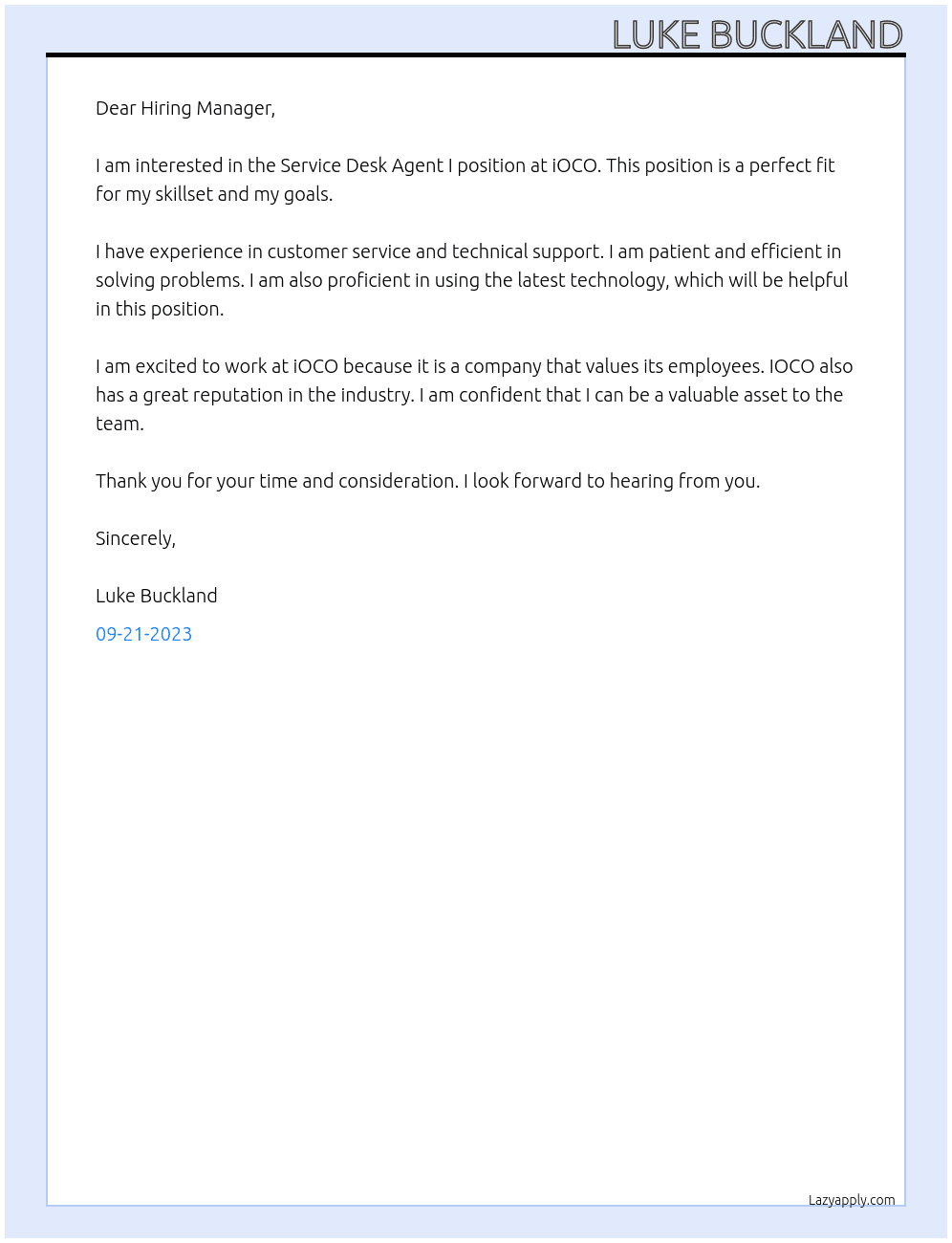Service Desk Agent I At iOCO Cover Letter