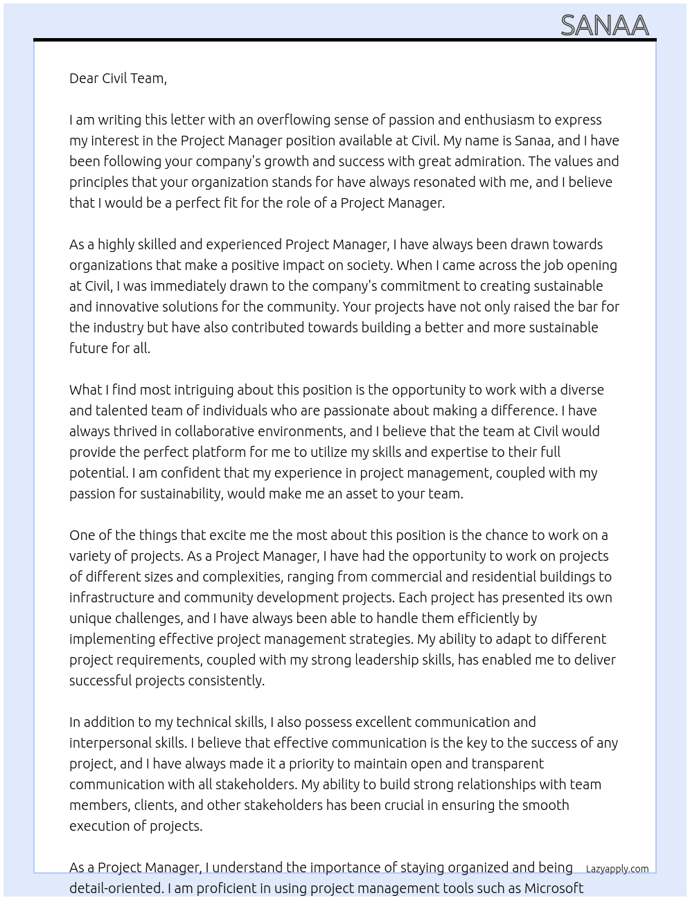 Project manager  At Civil  Cover Letter