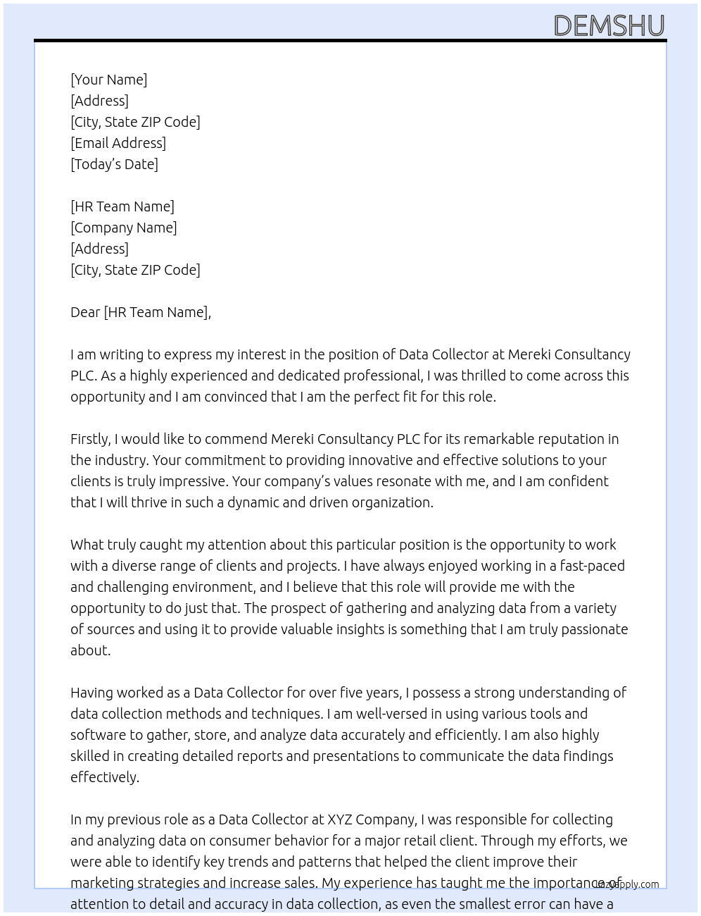 Data Collector At Mereki consultancy PLC Cover Letter