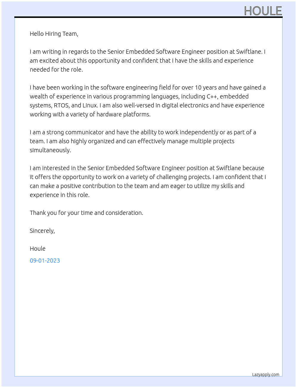 Senior Embedded Software Engineer At Swiftlane Cover Letter