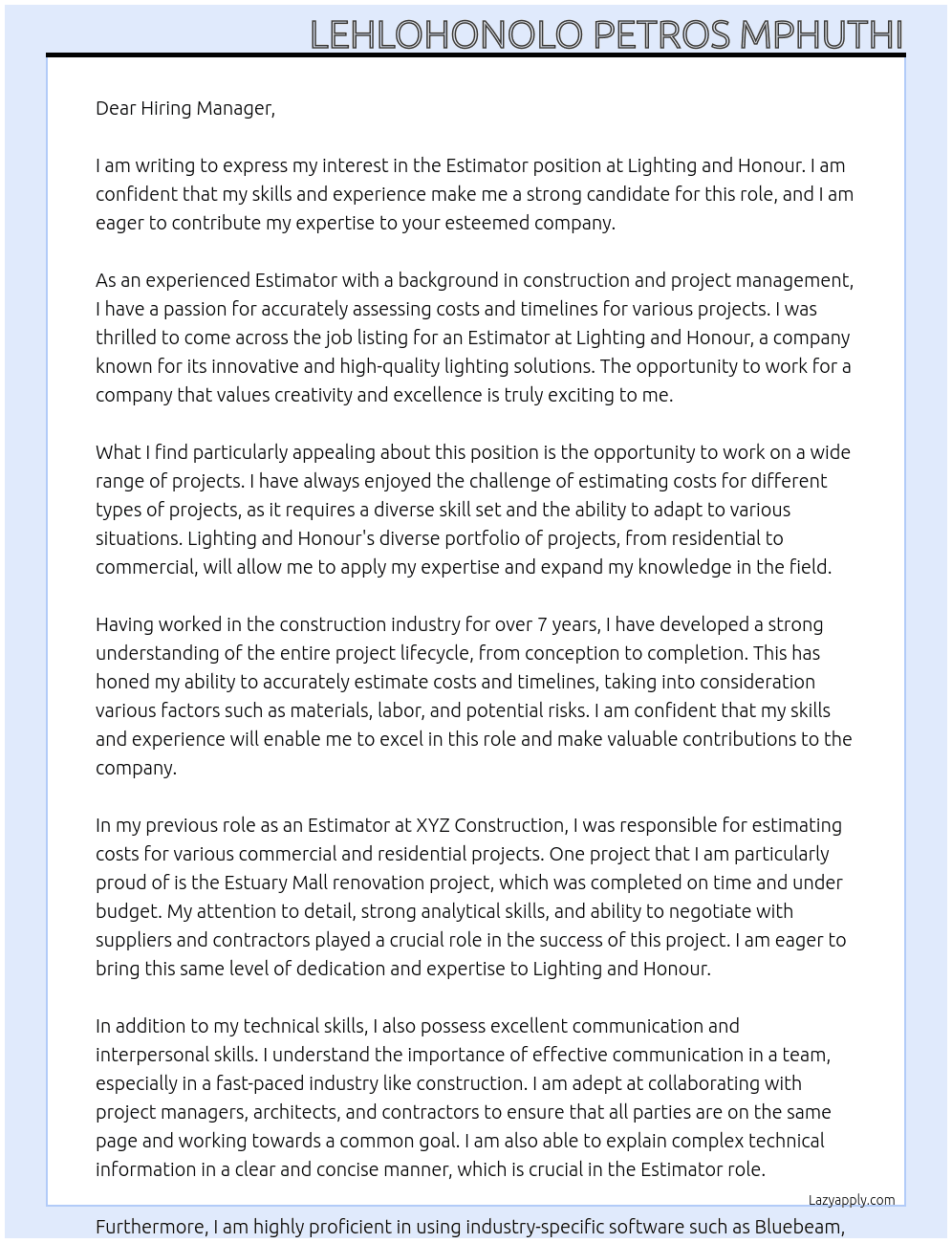 Estimator At Lighting and honour Cover Letter