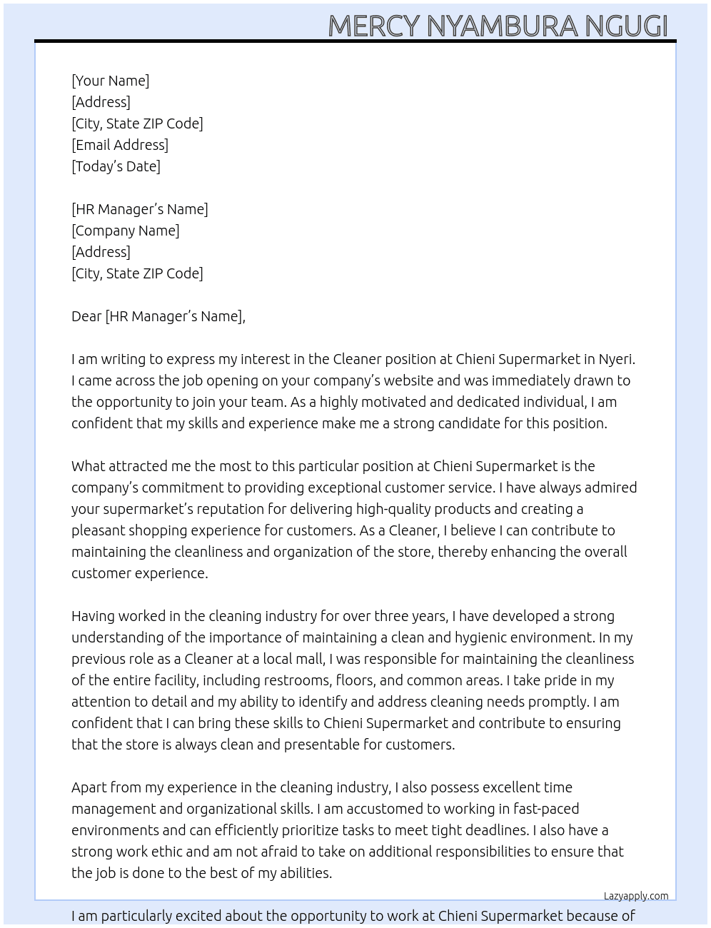 Cleaner  At Chieni supermarket ,Nyeri  Cover Letter