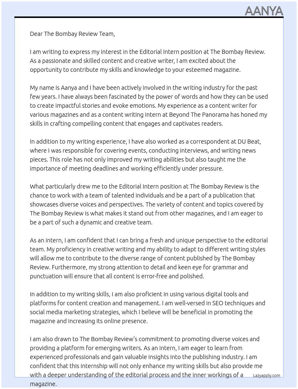 editorial intern At The Bombay Review Cover Letter