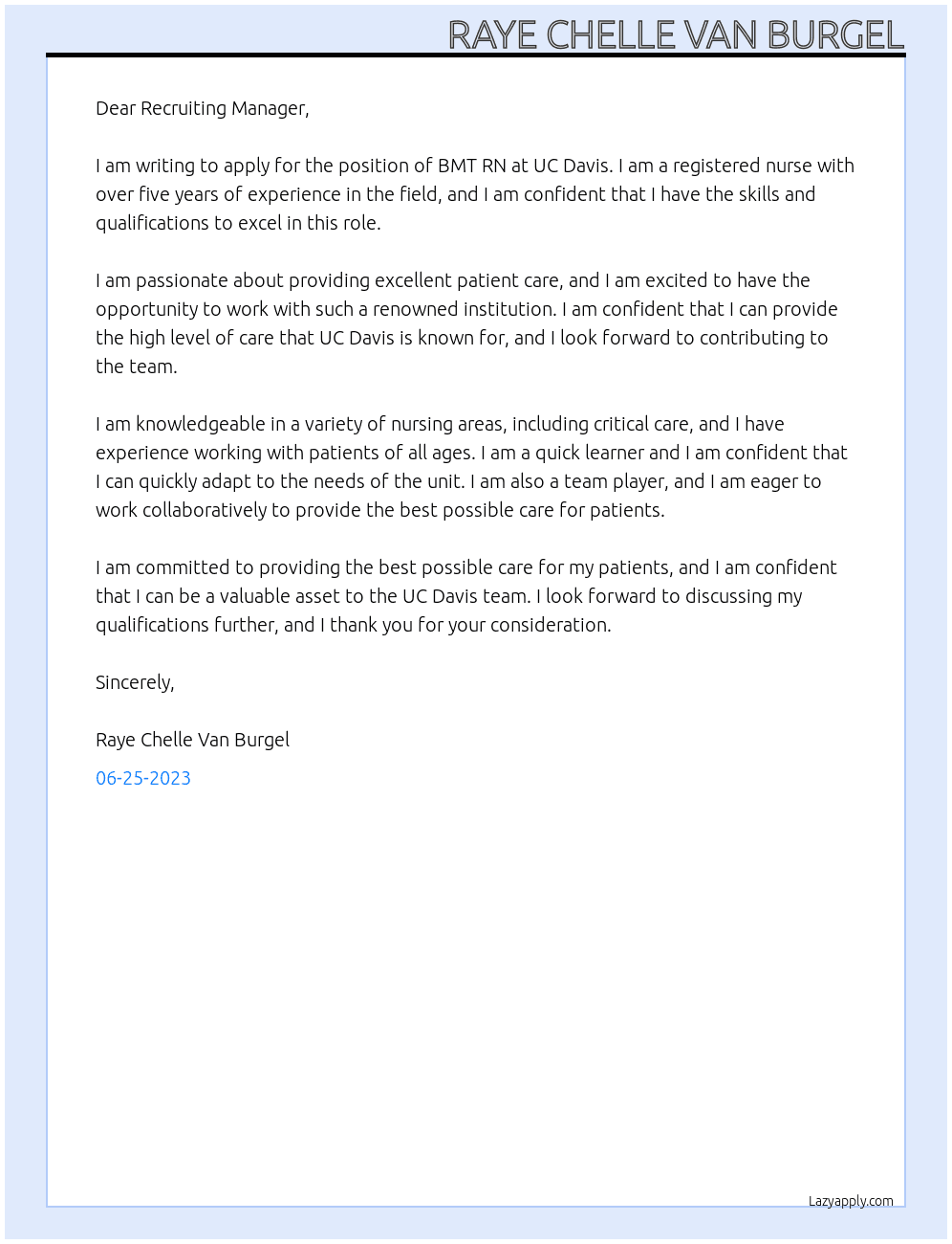 BMT RN At UC Davis Cover Letter