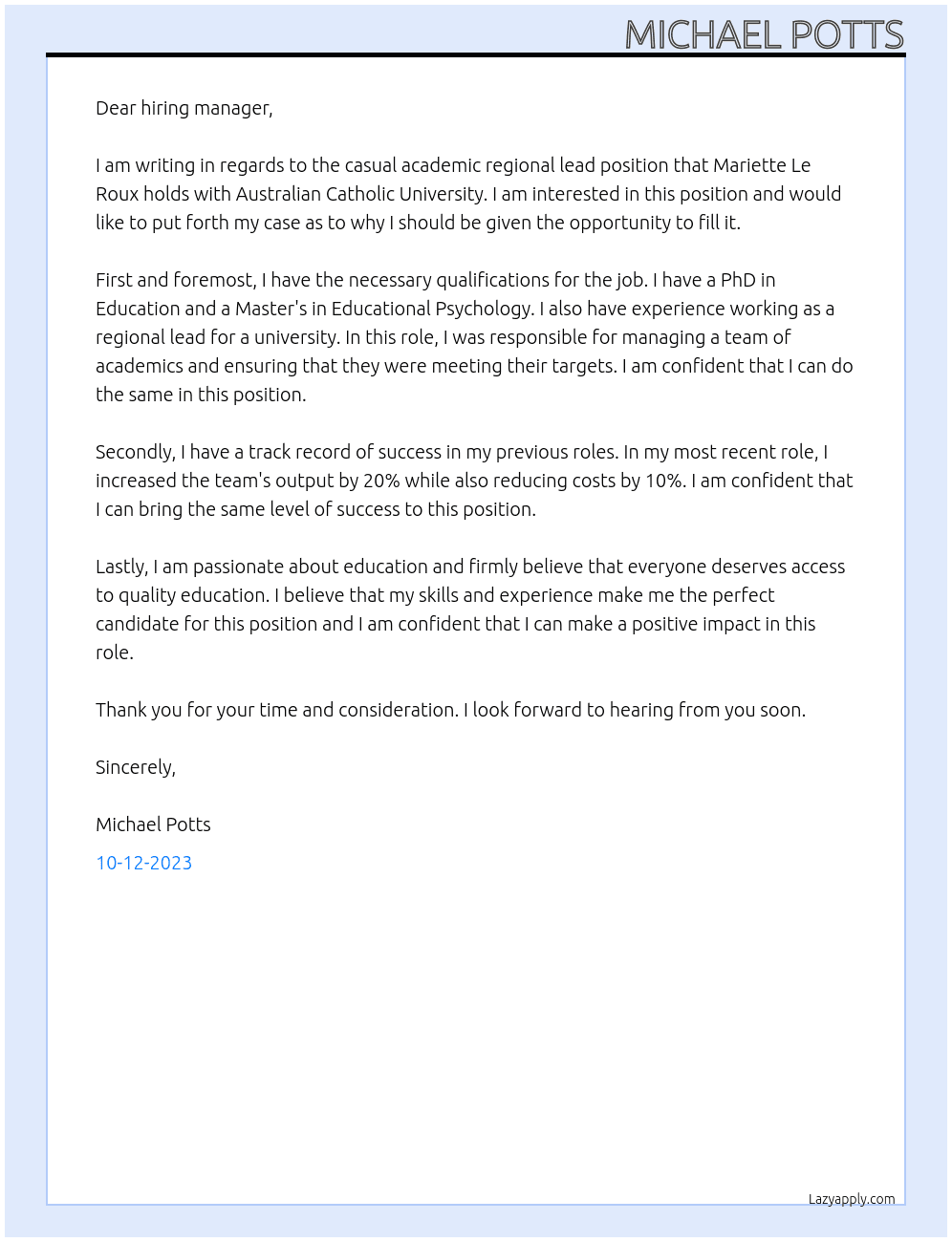 casual academic regional lead At Australian Catholic University Cover Letter