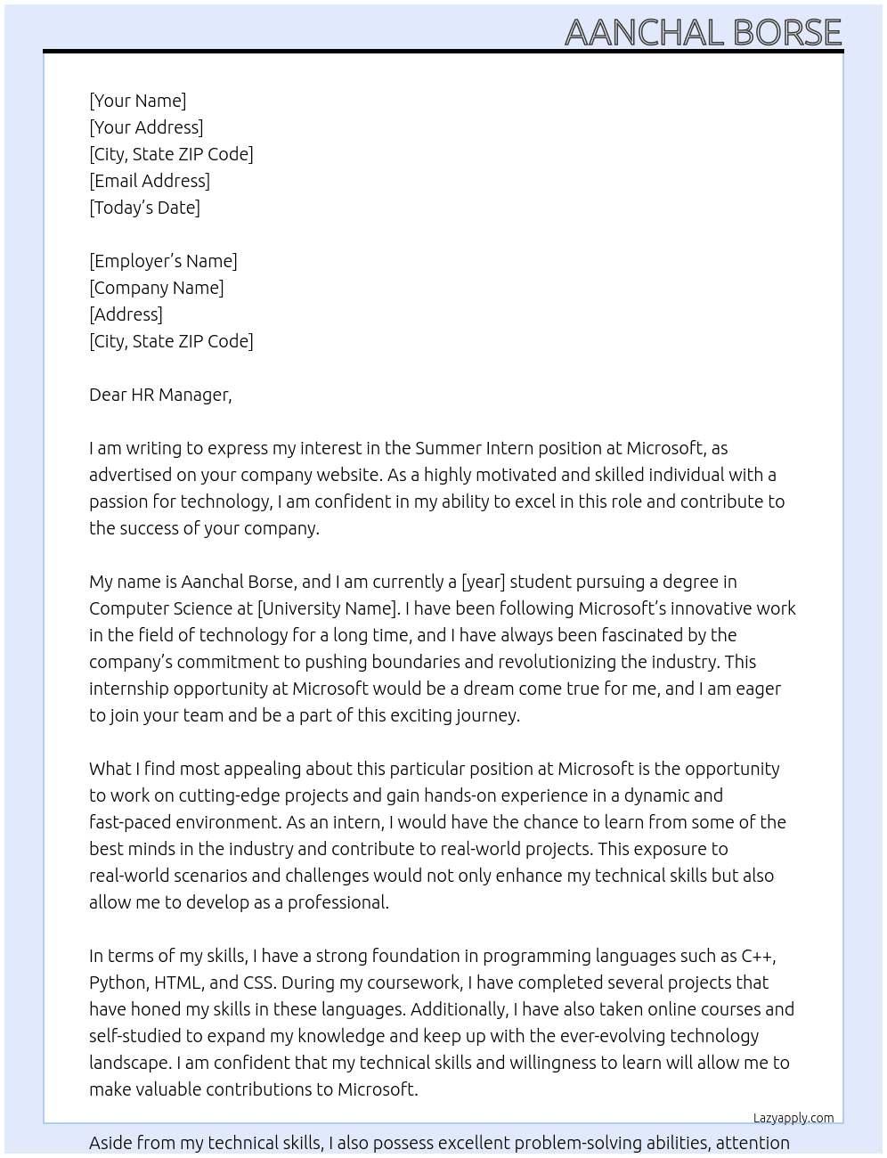 Summer Intern At Microsoft Cover Letter