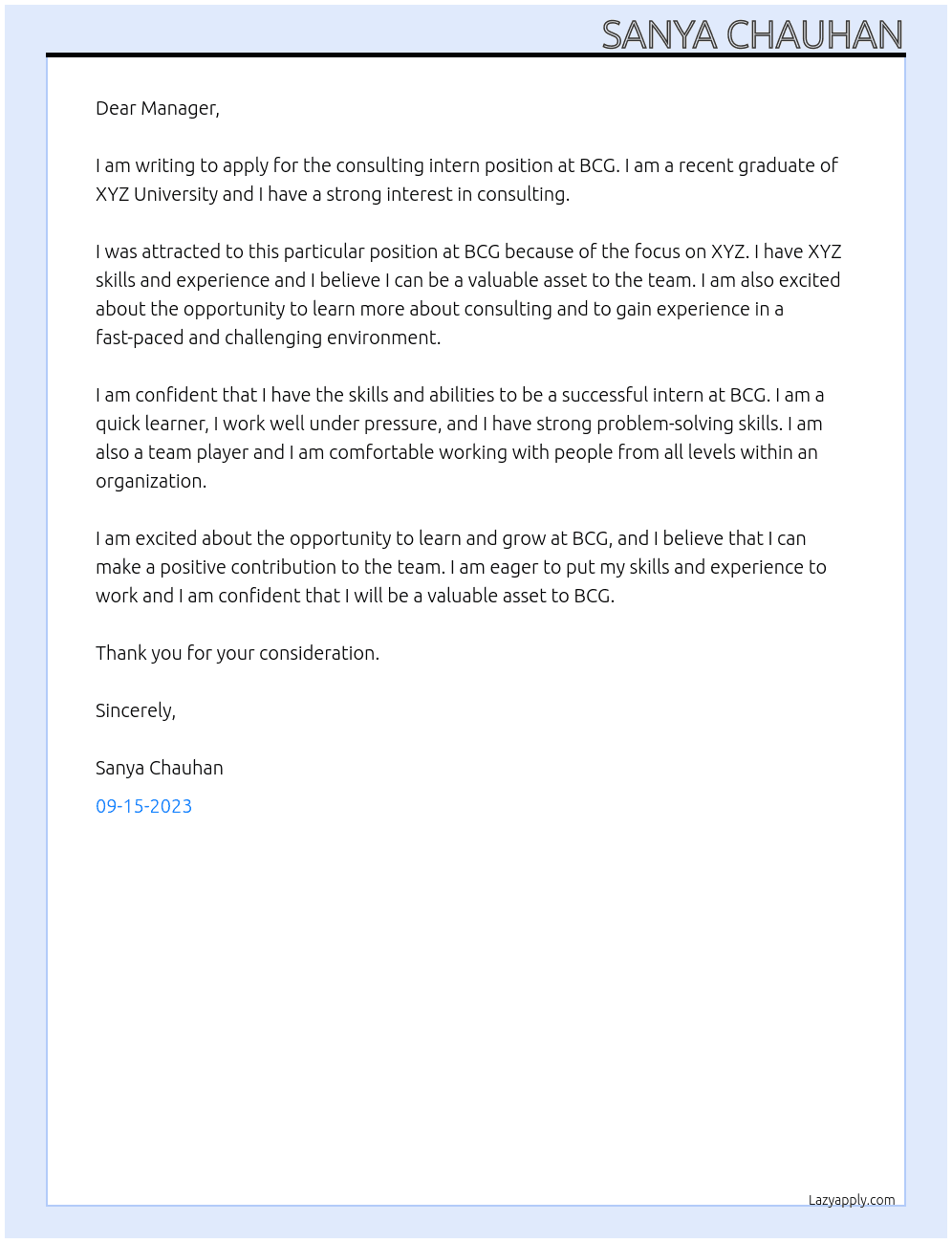 consulting intern At BCG Cover Letter