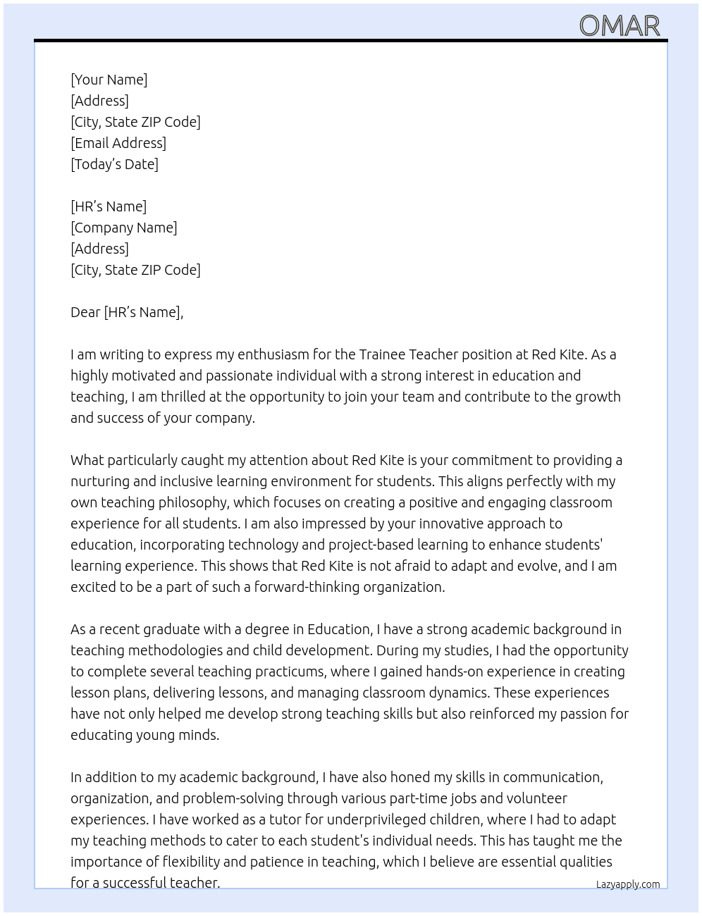 Trainee teacher At Red Kite Cover Letter