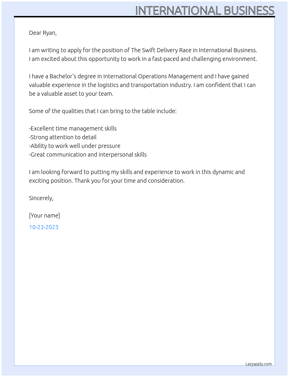 The swift delivery race At International Operations Management Cover Letter