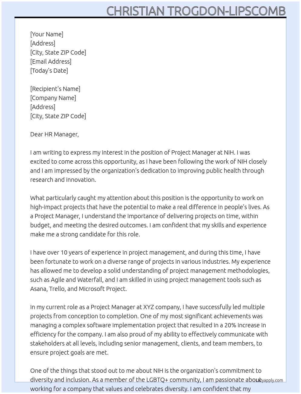 Project Manager At NIH Cover Letter