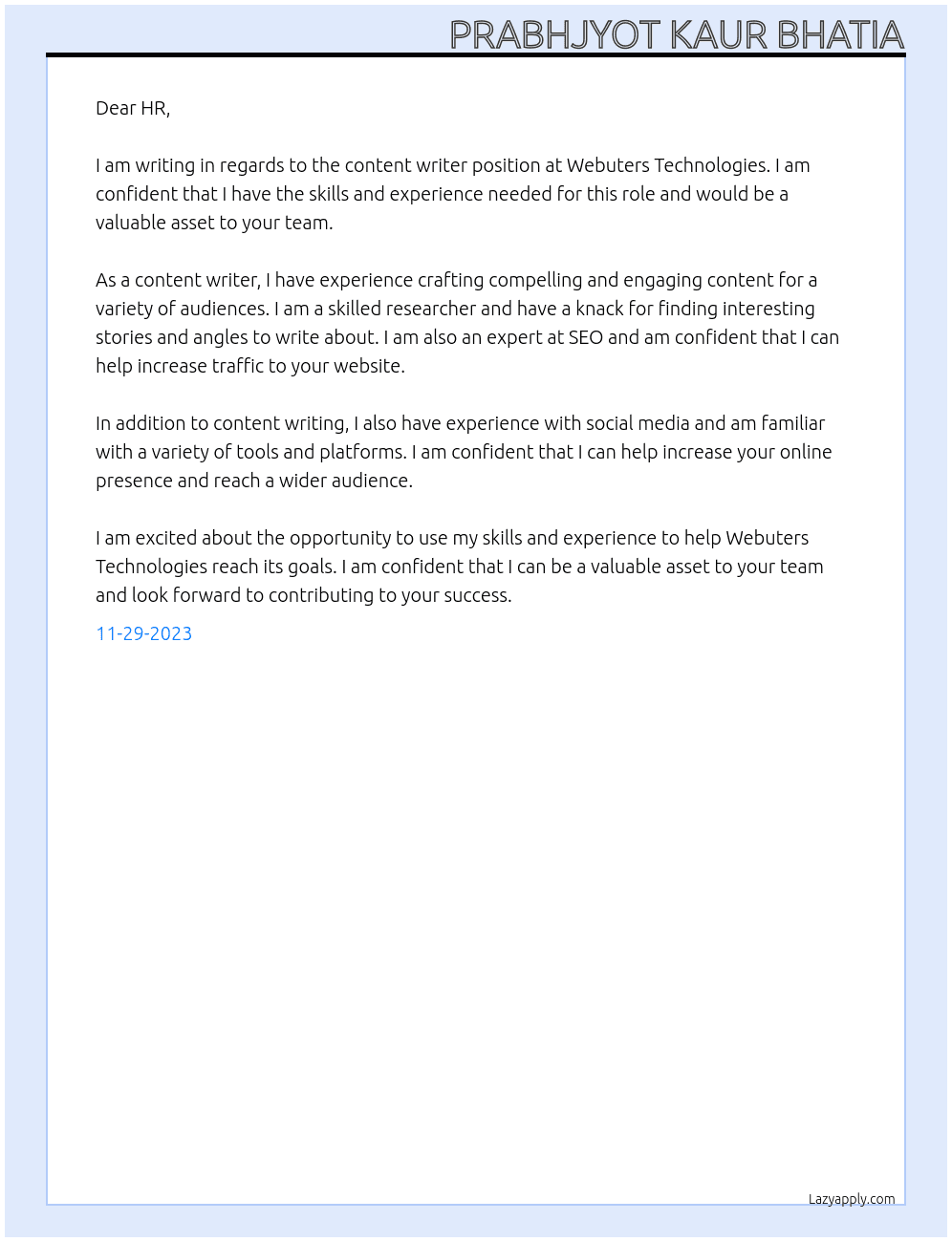 Content Writer At Webuters Technologies Cover Letter