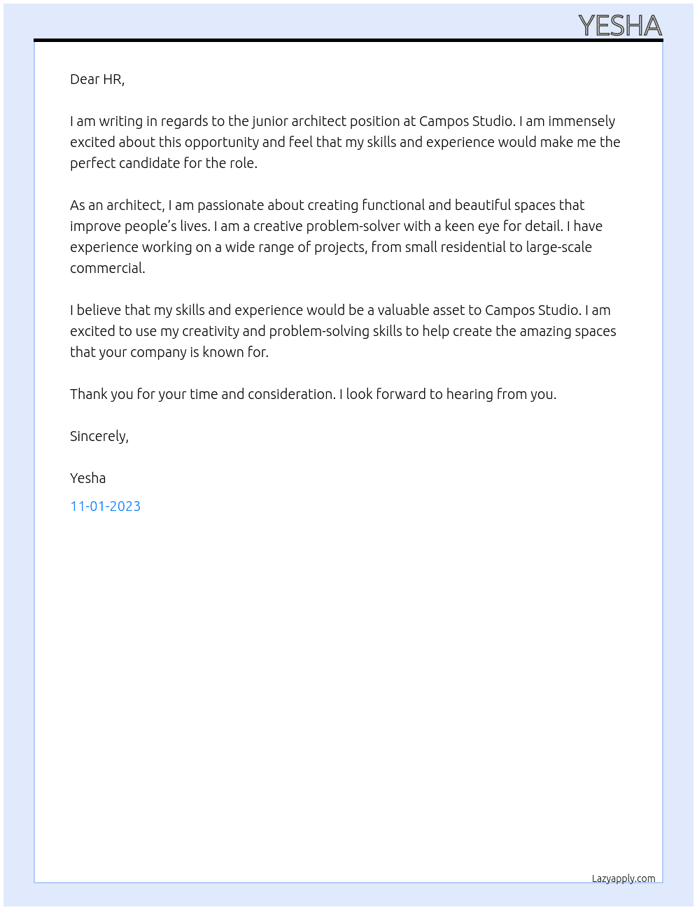 junior architect At campos studio Cover Letter