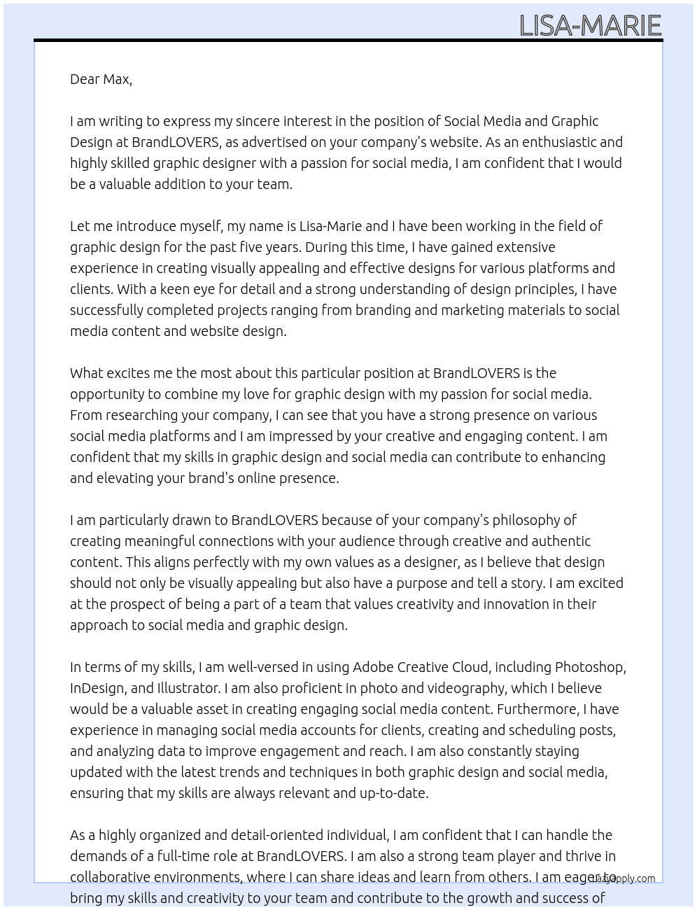 Cover letter for social media and graphic design - LazyApply