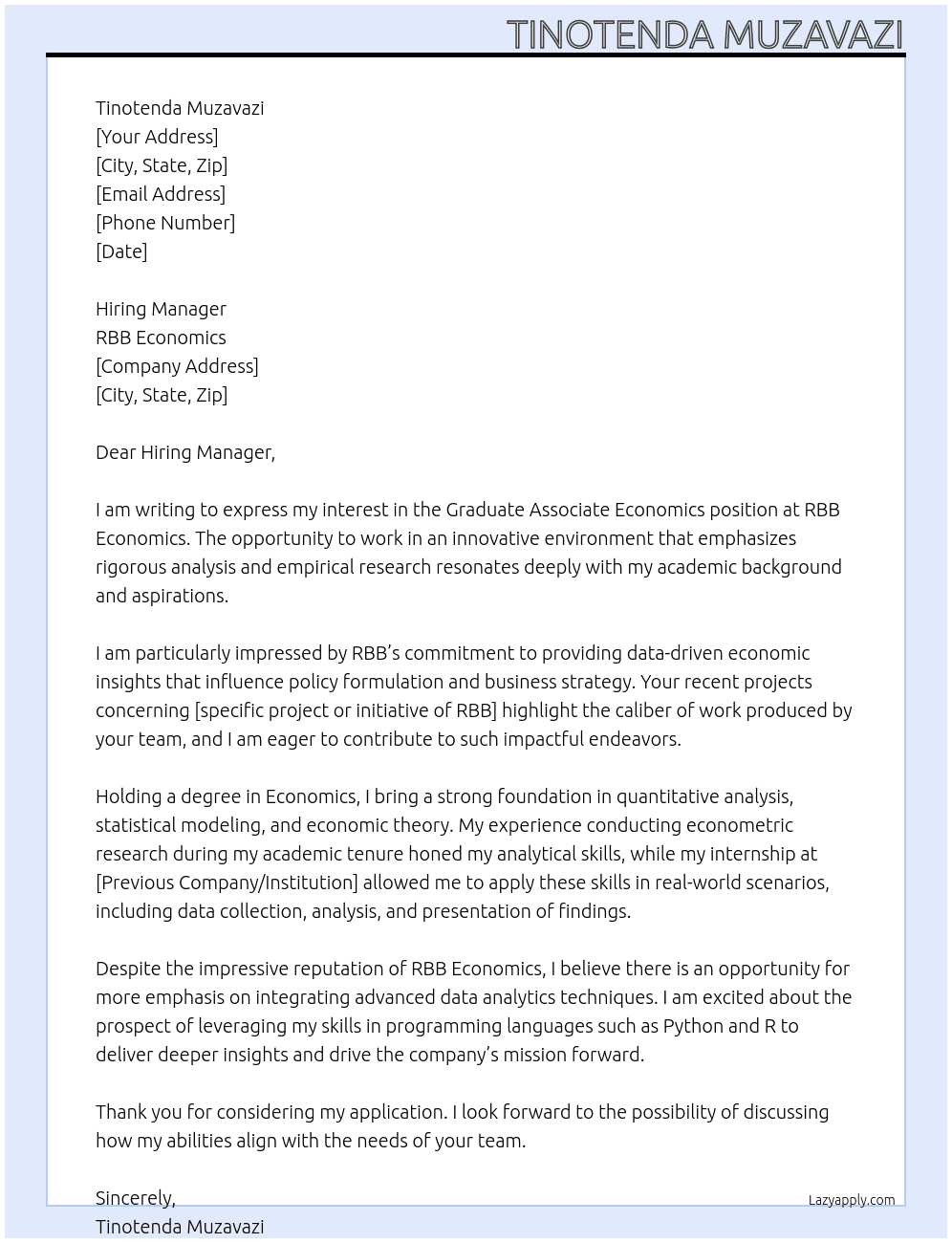 Graduate Associate Economics At RBB ECONOMICS  Cover Letter