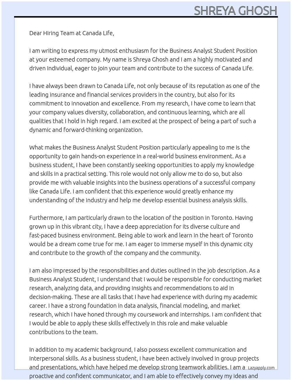 business analyst student position At canada life  Cover Letter