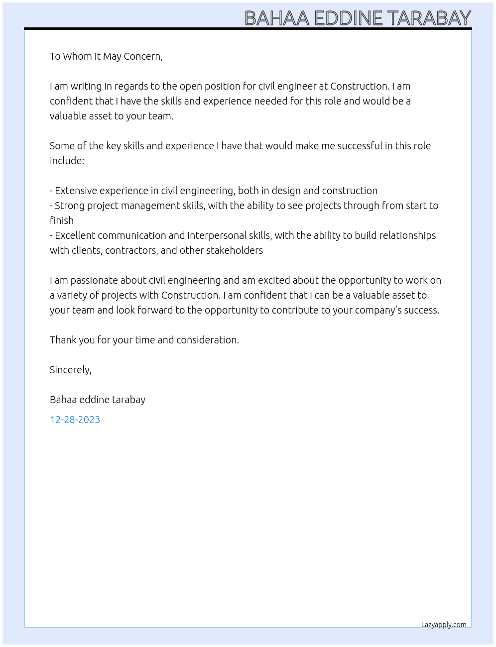 Civil engineer At Construction  Cover Letter