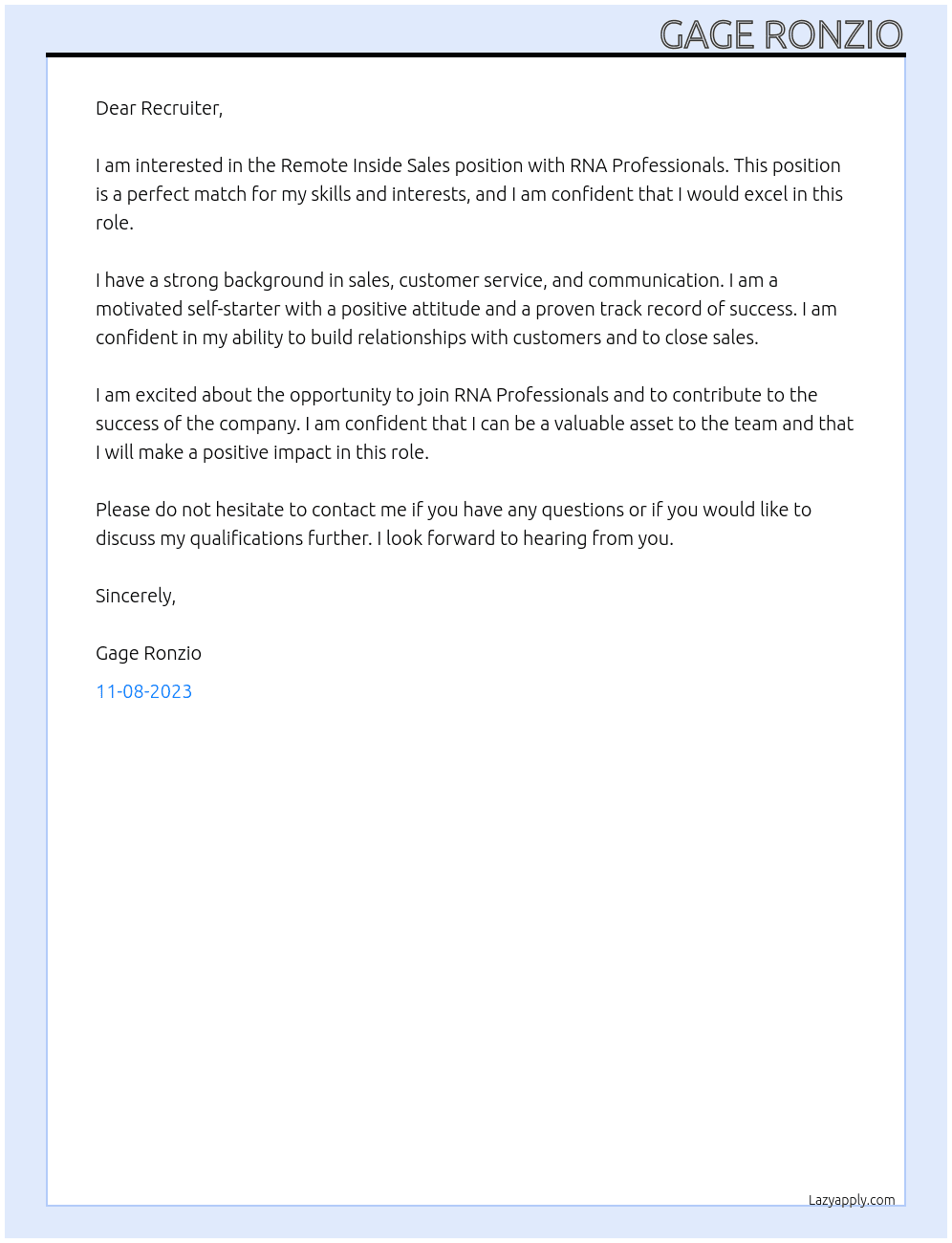 Remote Inside Sales At RNA Professionals Cover Letter