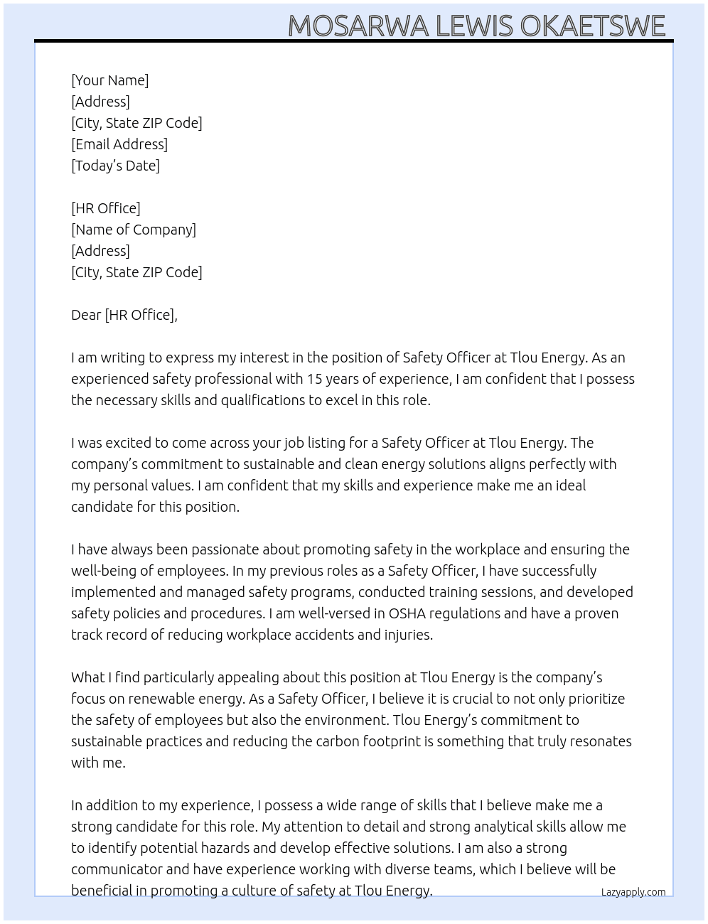 Safety officer  At Tlou energy  Cover Letter