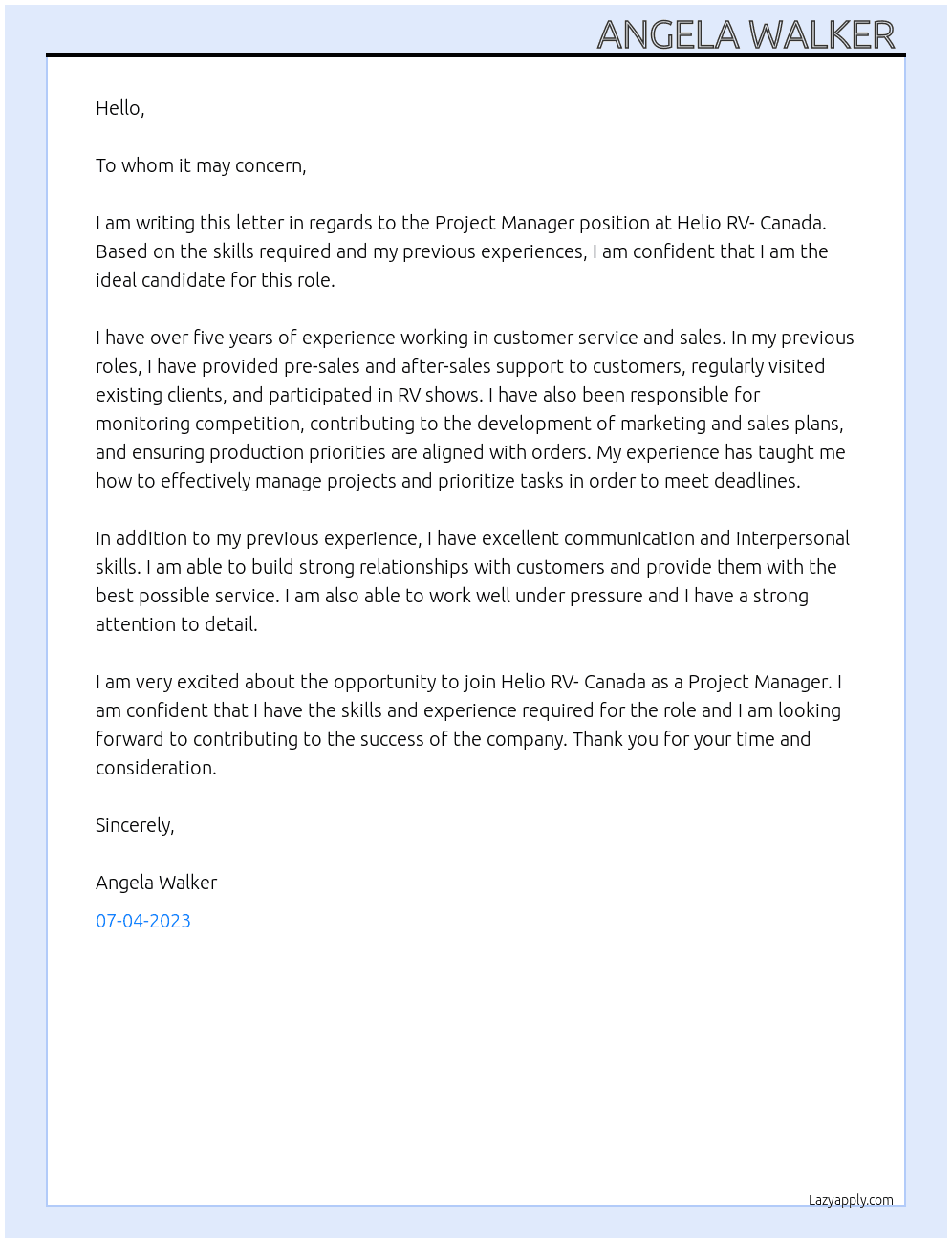 Project manager  At Helio RV- Canada  Cover Letter