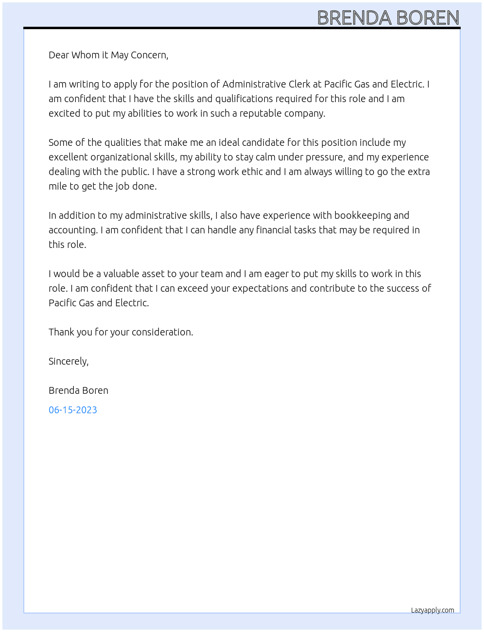 Administrative Clerk At Pacific Gas and Electric Cover Letter