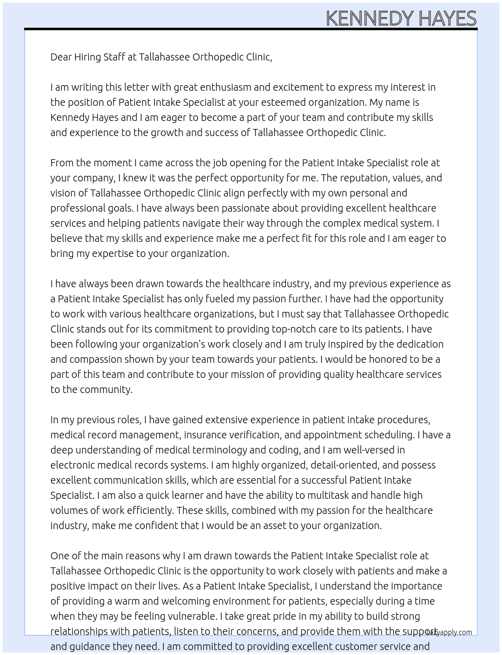 Patient Intake Specialist  At Tallahassee Orthopedic Clinic Cover Letter