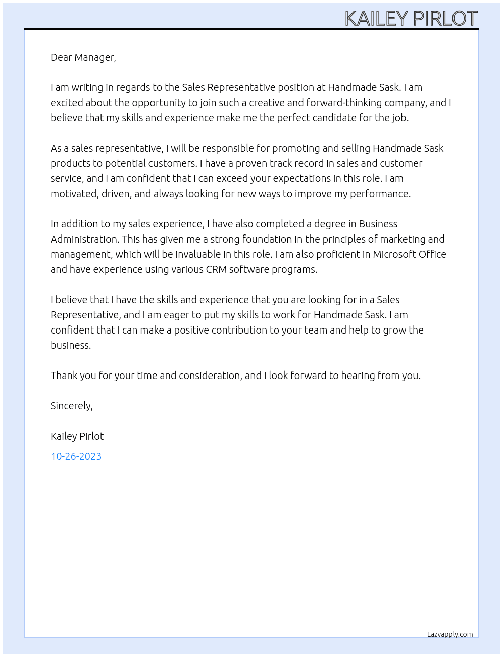 Sales Represtative At Handmade Sask Cover Letter