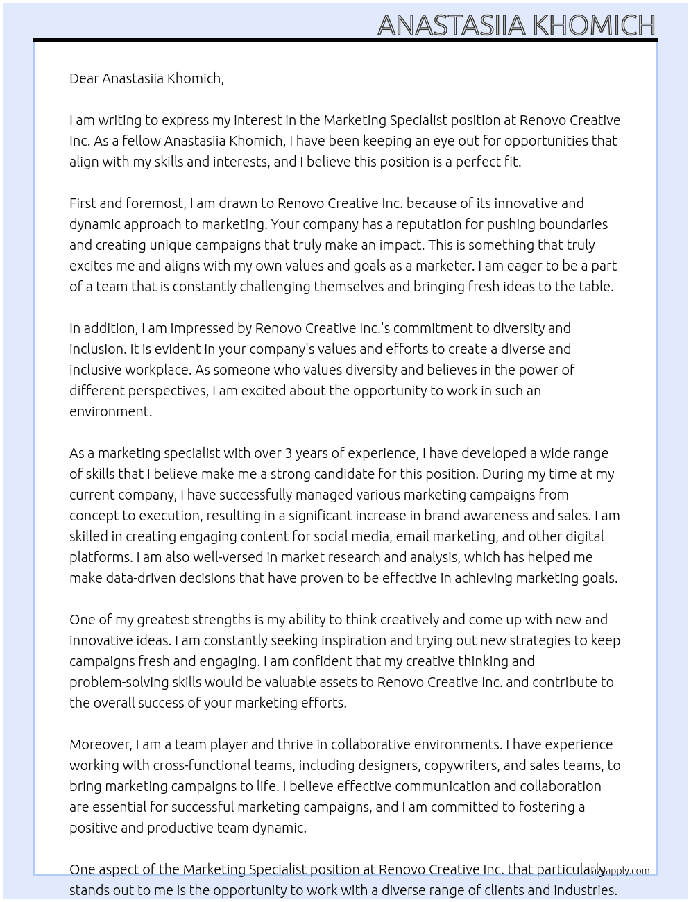 Marketing Specialist At Renovo Creative Inc. Cover Letter